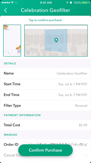 Tap to confirm the purchase of your Snapchat geofilter.