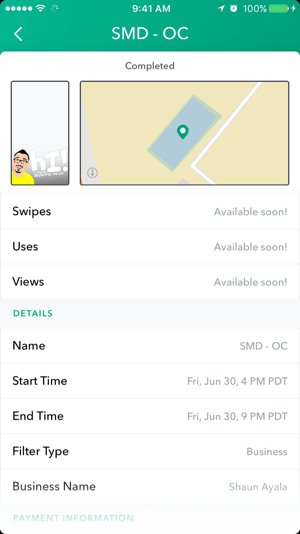View analytics for your Snapchat geofilter.