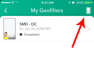 If you've previously created a Snapchat geofilter, tap the create icon at the top of the screen.