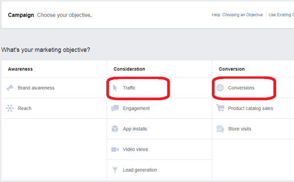 To create a Facebook Messenger home screen ad, choose Traffic or Conversions as the objective.