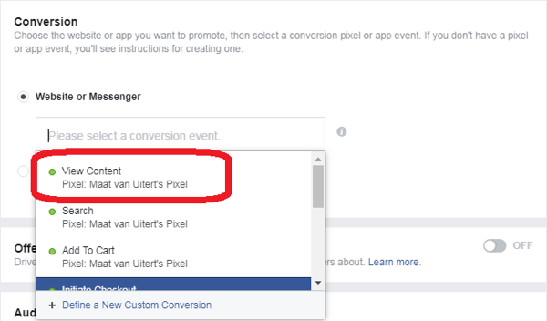 Wenn Sie Conversions als Facebook Messenger-Anzeigenziel ausgewählt haben, wählen Sie ein Conversion-Ereignis aus.