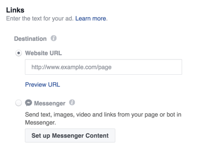 Choose a destination for your Facebook Messenger ad.