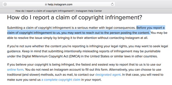 Instagram suggests first reaching out to the person who's using your content without permission.
