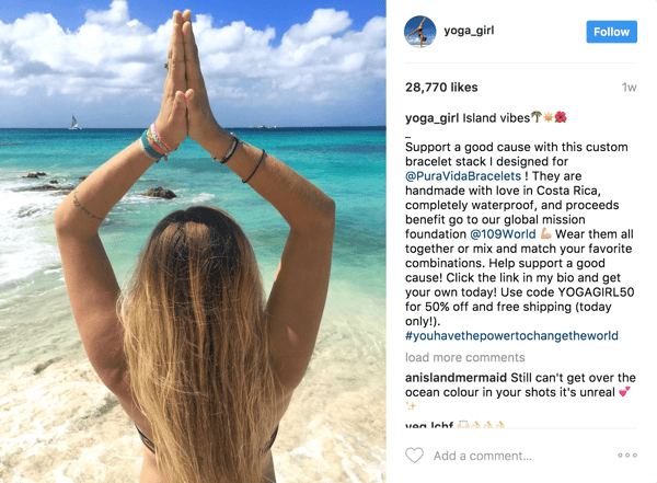 In this paid influencer post, Pura Vida was able to leverage Rachel Brathen's (yoga_girl) 2.1 million followers and track ROI through an exclusive coupon.