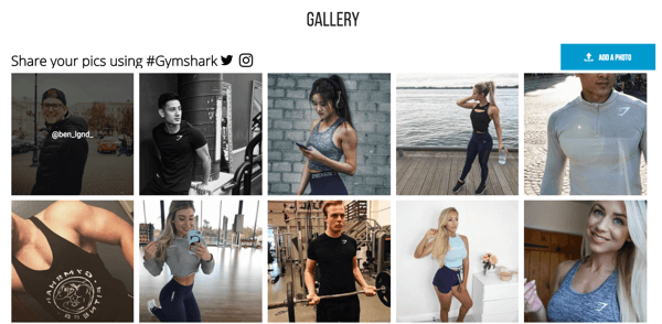 Gymshark mixes their in-house content with UGC both off-site (such as on Facebook and Instagram) as well as on-site to reach new customers through their existing customers' connections.