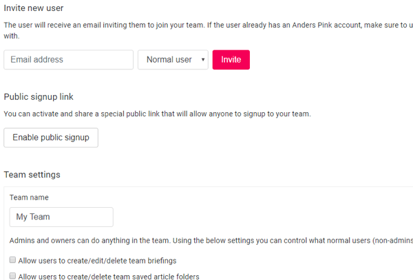 Fill in the details to set up your team in Anders Pink.