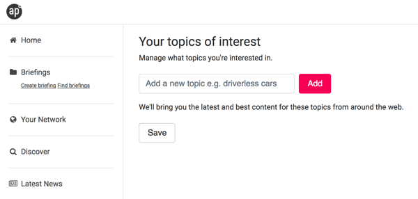 After you sign up with Anders Pink, choose some topics of interest.