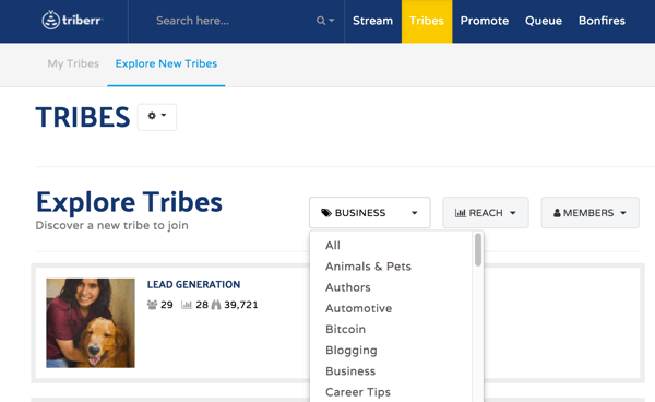 Go to the Tribes tab to search for tribes to join on Triberr.