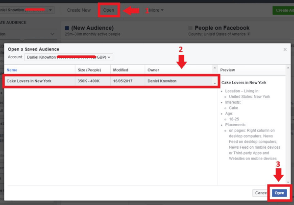 Choose your saved audience and click Open.