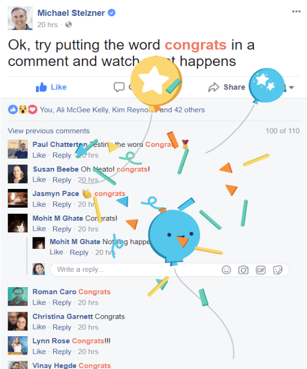 Facebook rolled out a new interactive feature in which greetings in posts or comments are highlighted in red and generate a short animation when clicked.