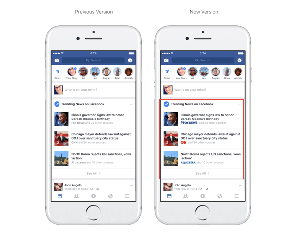 Facebook now features publisher logos in Trending section and search.