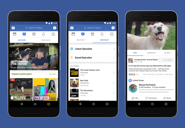 Facebook launches a new Watch tab for original video programming.