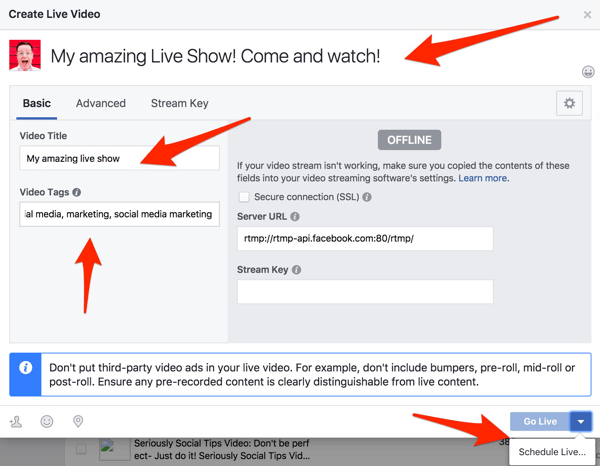 Add a title and tags for your Facebook Live broadcast.