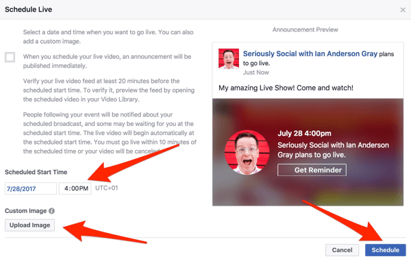 Enter a start time to schedule your Facebook Live show.
