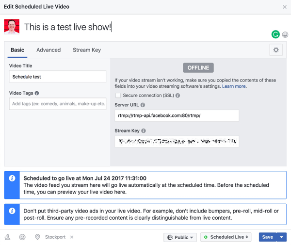 Preview your live show on Facebook.