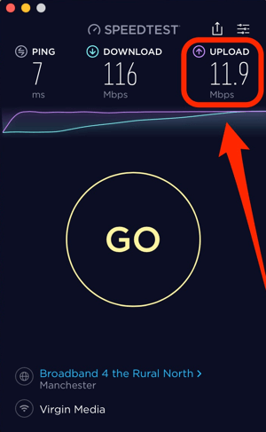 Check your Internet upload speed with a tool like Speedtest.net.