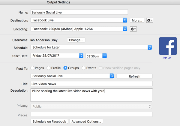 Schedule your Facebook Live show in Wirecast.