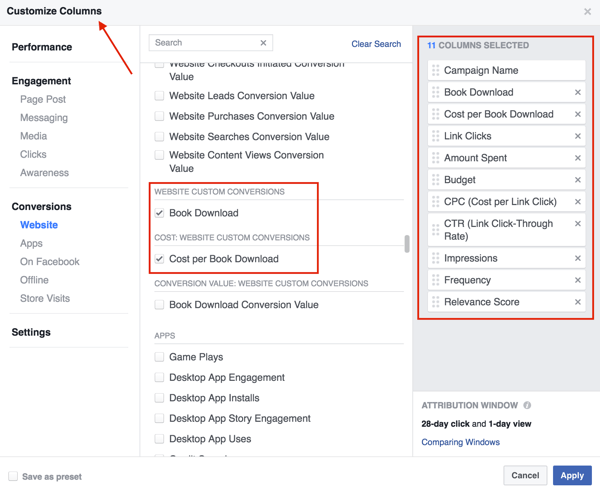 Select the columns you want to add to your Facebook ad results table.