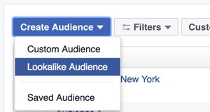 In the Ads Manager, select Lookalike Audience from the Create Audience drop-down menu.