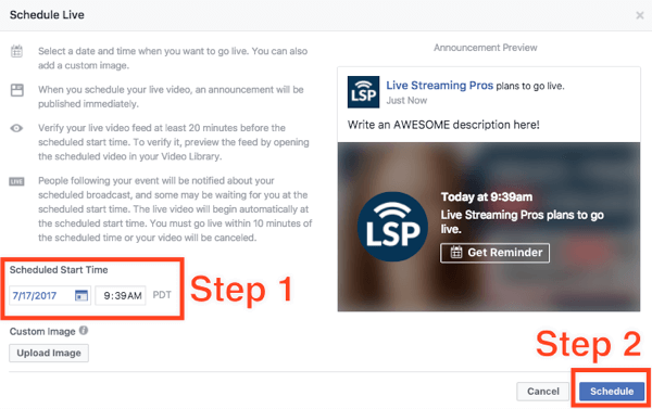 Enter a start time for your live broadcast and click Schedule.