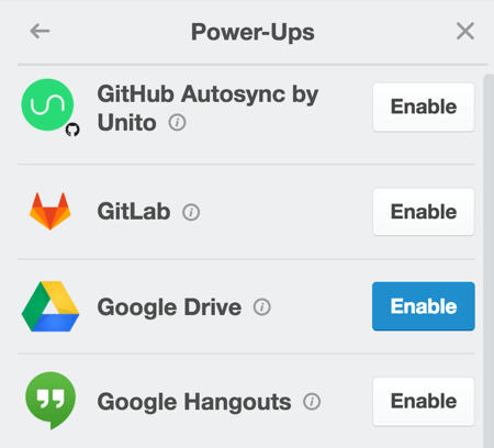 Enable the Google Drive power-up to attach content from a Google Doc right onto the card.