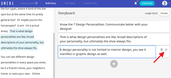 Click and drag the cross icon to change the order of a box on your storyboard.