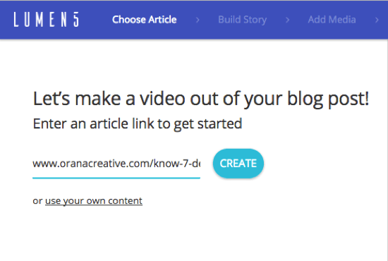 Fügen Sie die URL für den Blog-Beitrag hinzu, aus dem Sie ein Lumen5-Video erstellen möchten.