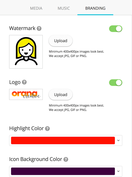 You can upload a logo and watermark to add to your video and change the highlight and icon background colors.