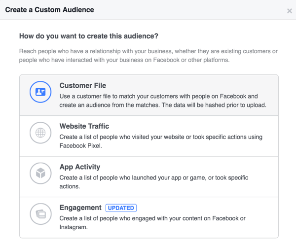 Select Customer File for the custom audience type.