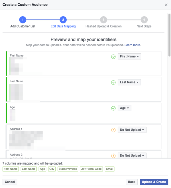 Make sure the fields Facebook detects in your CSV file are correctly mapped to categories that Facebook understands.