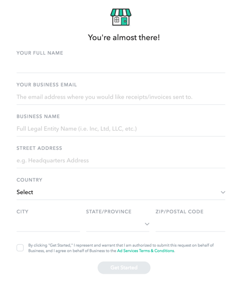 Fill in your business details to set up your Snapchat ad account.