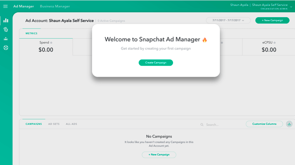 This is the view you see when you open Snapchat Ad Manager.