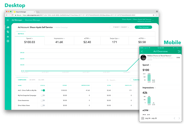 You can view Snapchat ad metrics on desktop and mobile.