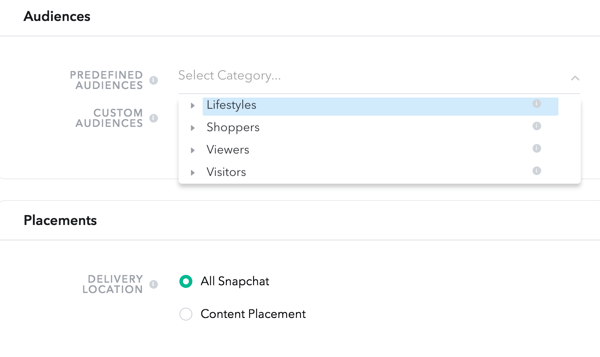 Snapchat vous permet de choisir des audiences parmi quatre catégories prédéfinies.