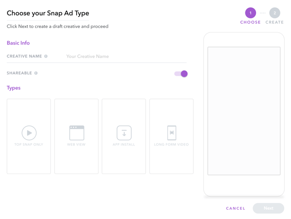 Add basic info for your ad creative and choose a Snapchat ad type.