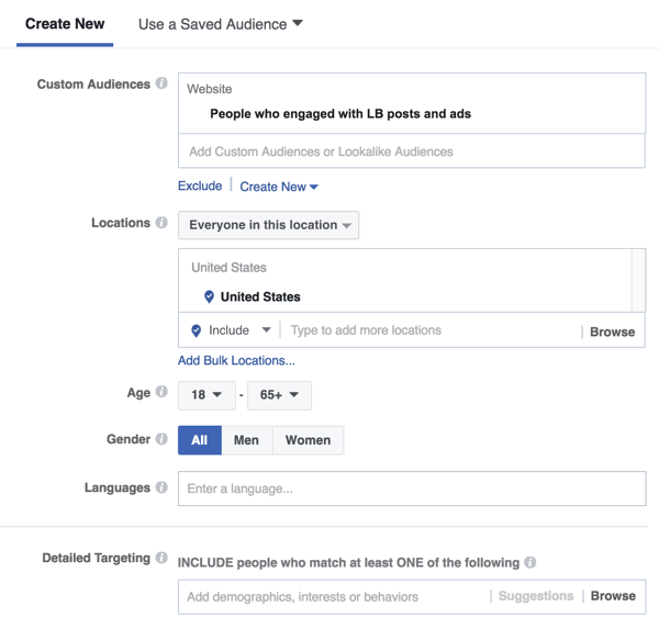 In the Audience section, define the audience you want to see your ads.