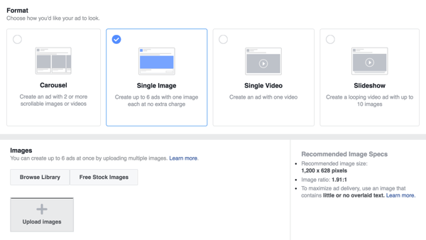 Choose the ad format for your Facebook lead ad.