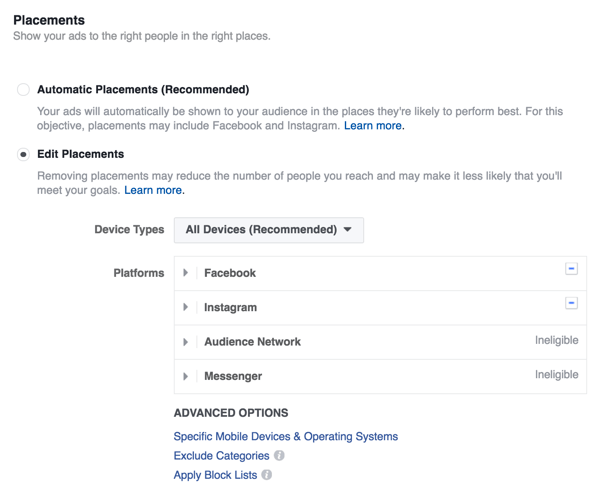 Choose the placements for your Facebook lead ad.