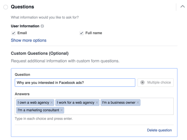 If you're adding a multiple-choice question to your lead form, type in the options that users can choose from.