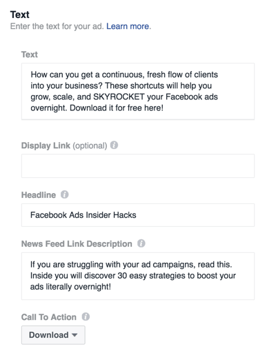 Fill in the details to set up your Facebook ad.