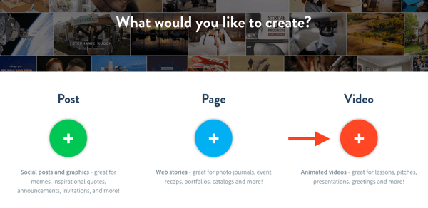 To create a new video project in Adobe Spark, click Video.