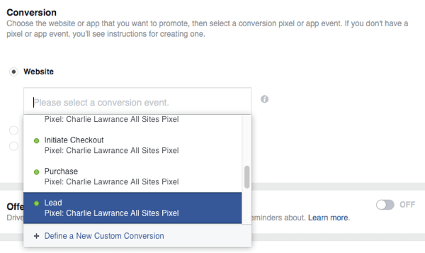 Select the specific conversion event you installed on your lead magnet confirmation page.