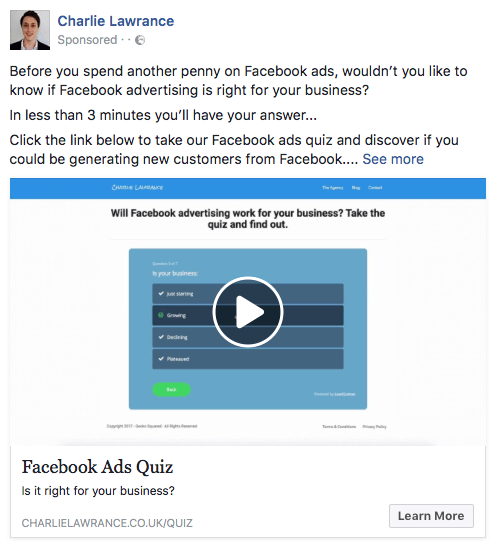 Use Facebook video ads to give users a preview of lead magnet content.