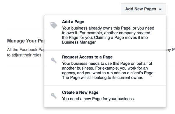 Choose the option to add a page to your Business Manager account.