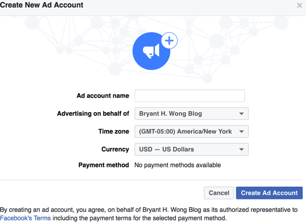 Fill in the details to set up your Facebook ad account.