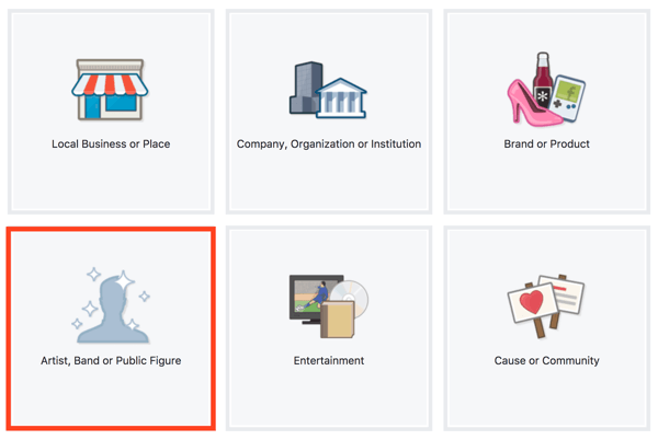 Select Artist, Band, or Public Figure as the Facebook page type.