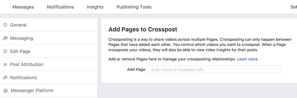 Enter the name of the page for which you want to set up a cross-posting relationship.