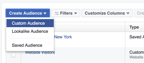 Go to the Audiences section and select the option to create a Facebook custom audience.