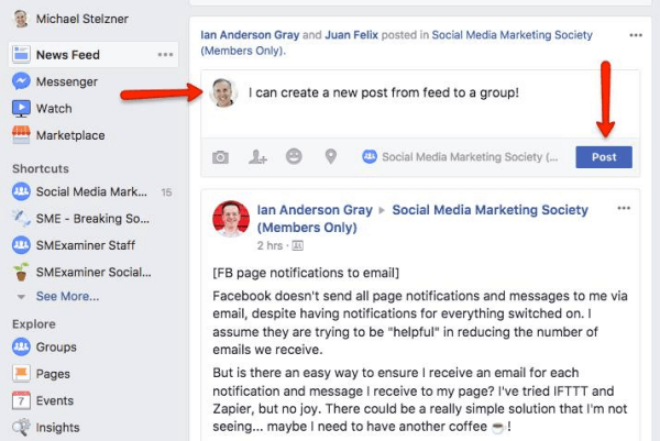 Facebook now allows users to post directly into Groups from the News Feed.