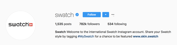 Swatch asks users to tag their posts with #MySwatch for a chance to be featured on their Instagram account.